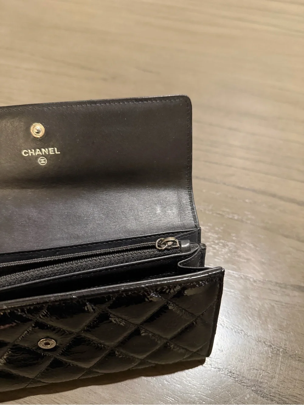 CHANEL Black Quilted Patent Leather Wallet with Silver CC Hardware